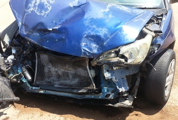  Blue Car with Damaged Hood, Fenders, Front Bumper and Grill